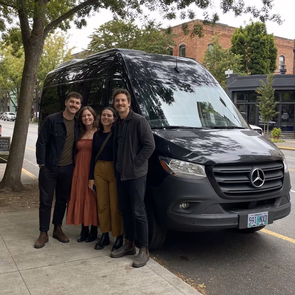 Black Mercedes Sprinter van staged for an Portland School Transportation group
