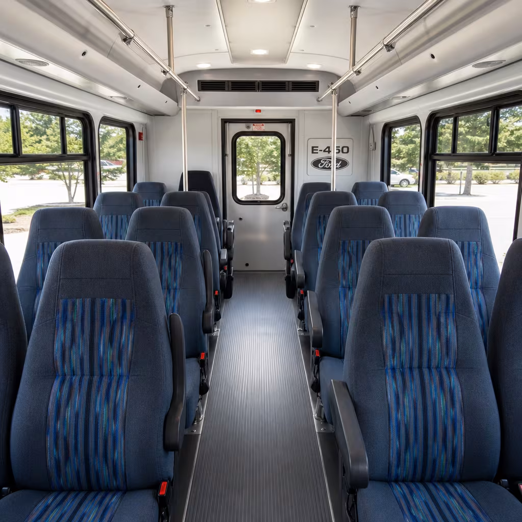 Interior aisle of a minibus with rows of cushioned passenger seats