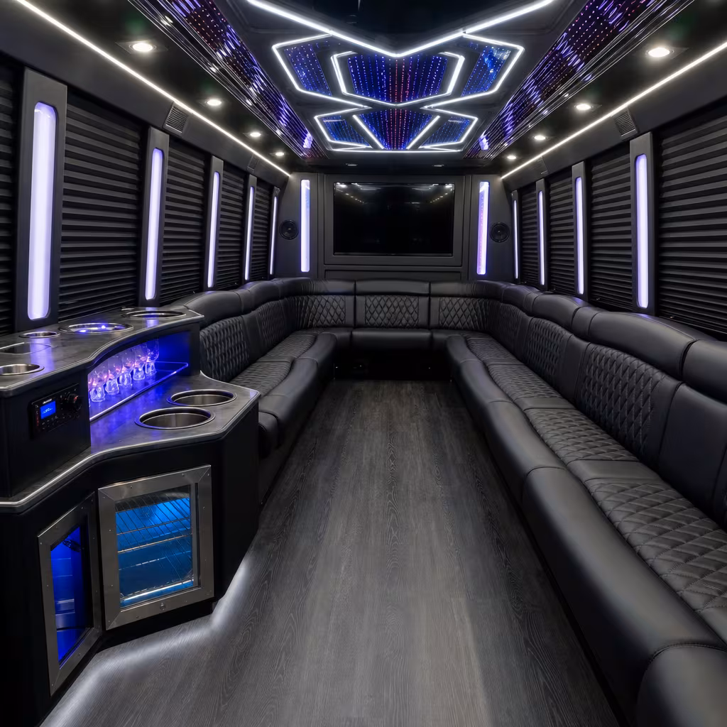 Party bus interior with wraparound leather seating and LED lighting in Portland