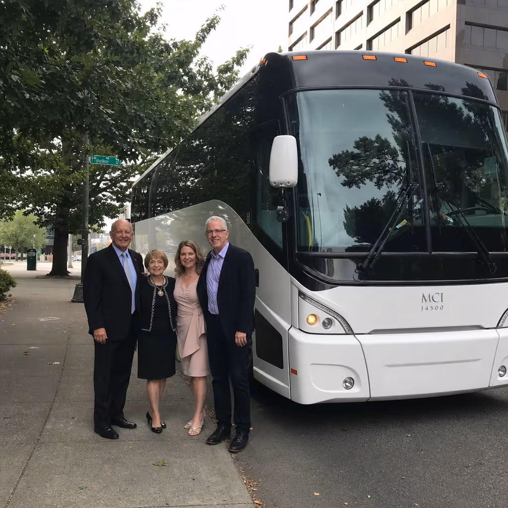 Group boarding a white charter bus for School Transportation transportation in Portland