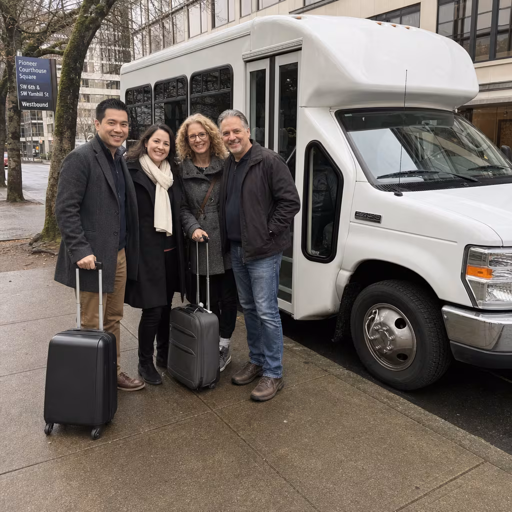Passengers boarding a Portland minibus with luggage