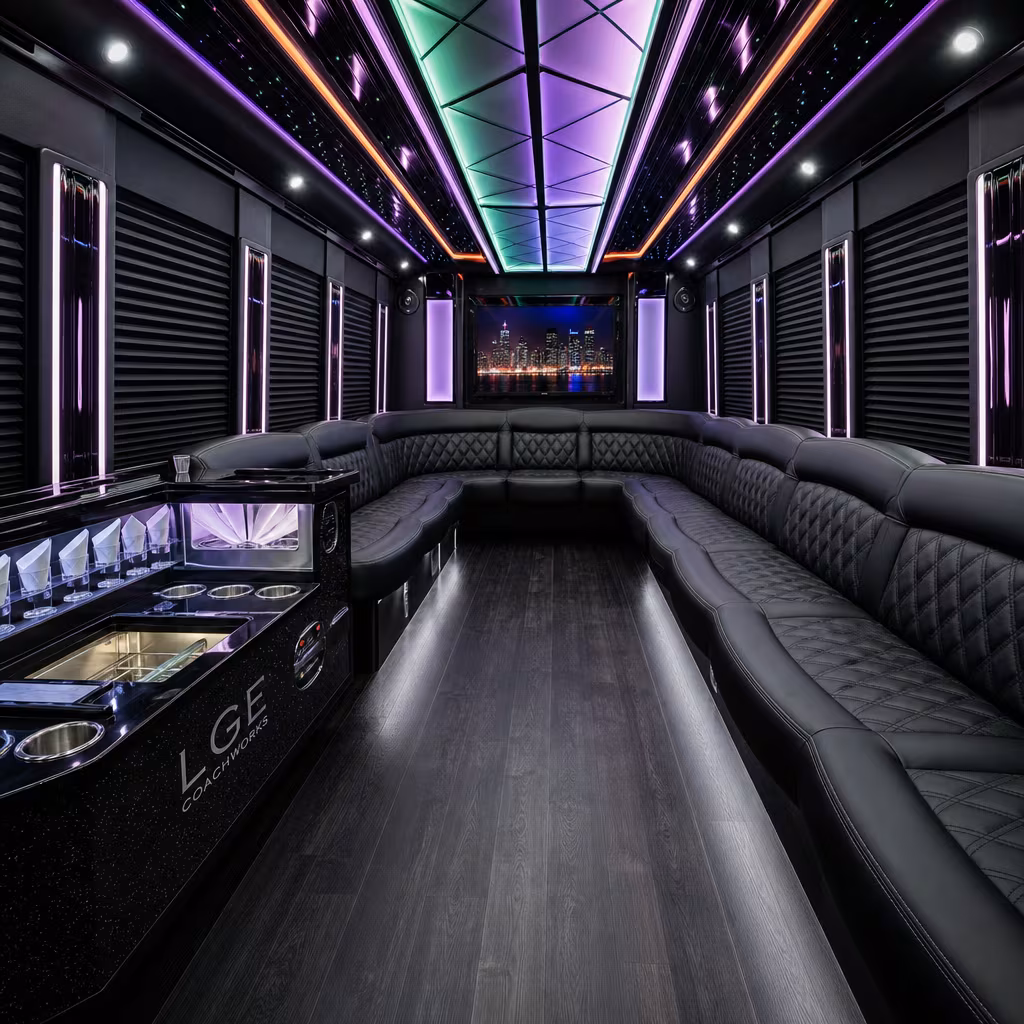 Wraparound seating inside a Portland party bus rental