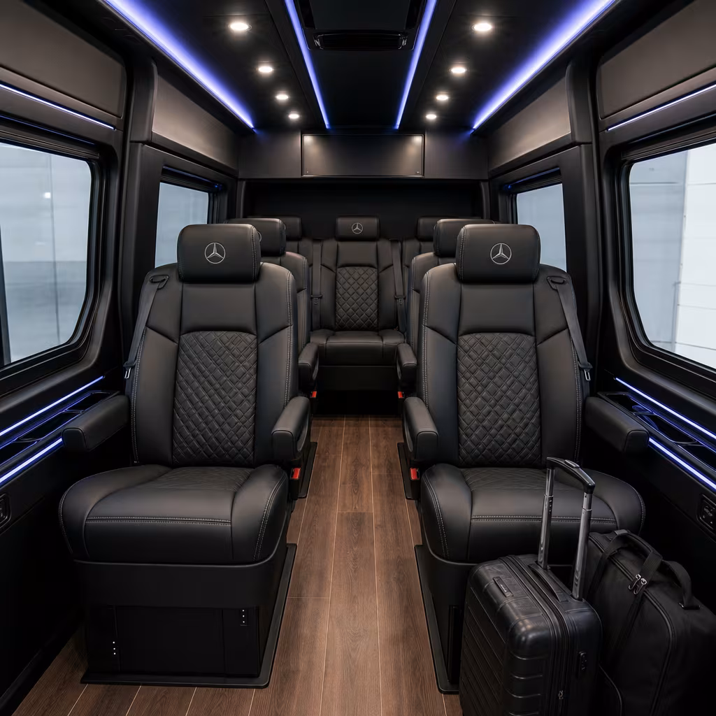 Interior of a Portland Sprinter van with luggage