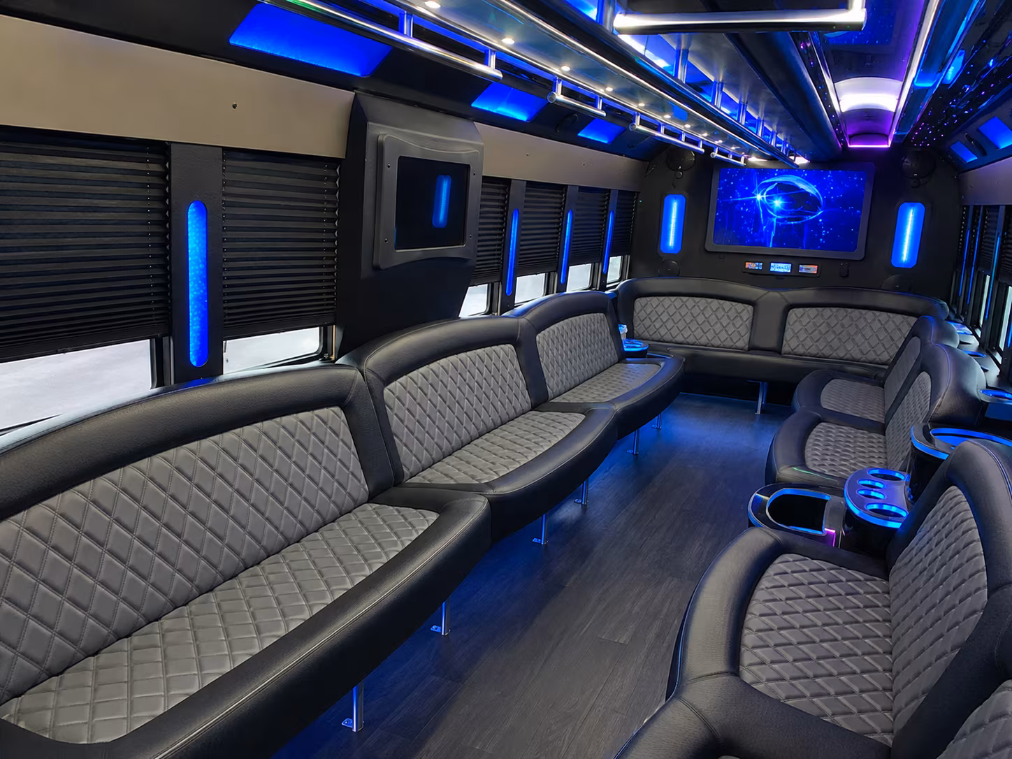 Interior of a party bus rental serving Portland